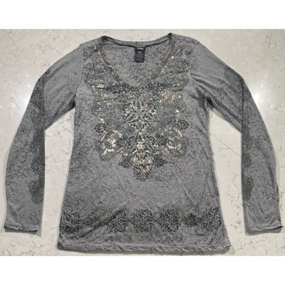 VTG Vanity Y2K Graphic T-Shirt Womens 2XL Gray Fleur De Lis Foil Long Sleeve Tee